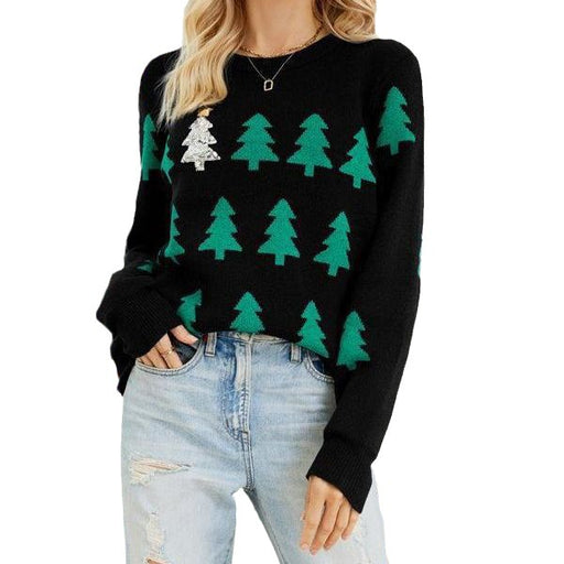 Color-Christmas Tree Jacquard Christmas Sweater Women Casual Pullover Sweater-Fancey Boutique