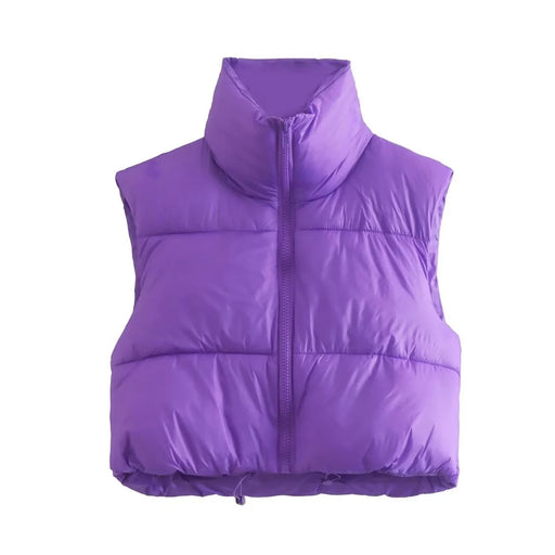 Color-Purple-Sleeveless Zipped Stand Collar Cotton Vest Autumn Winter Multi Color Slim Fit Cotton Padded Jacket Vest Top-Fancey Boutique