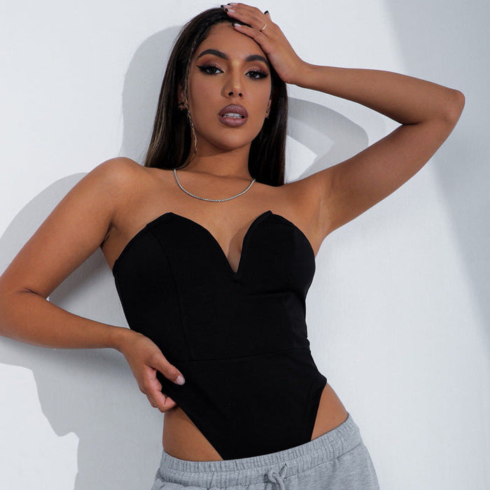 Color-Black-Women Clothing Sexy V Chest Bodysuit Women Tight Bottoming Shirt Slim Fit Figure Flattering Bodysuit-Fancey Boutique