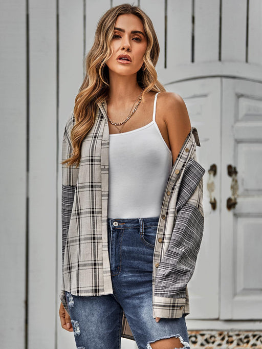 Color-Autumn Winter Casual Women Clothing Single Breasted Plaid Stitching Shirt Women-Fancey Boutique