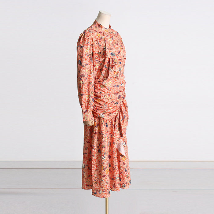 Color-Personalized Retro Minority Design Stand Collar Long Sleeve Lace up Waist Irregular Asymmetric Ruffled Women Dress-Fancey Boutique