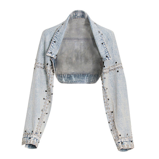 Color-Shawl Denim Coat Jacket Loose Long Sleeve Heavy Industry Rivet Thin Denim Top Fall Women Clothing-Fancey Boutique