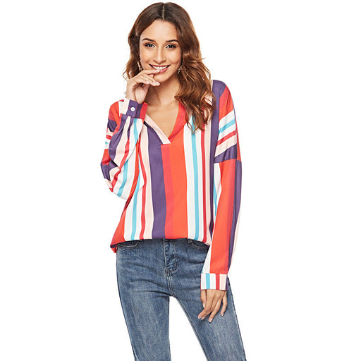 Color-Multi-Women Clothing Color Stripes V Neck Long Sleeve Shirt All Matching Shirt-Fancey Boutique