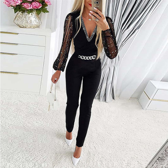 Color-Autumn Women Clothing Solid Color V neck Long Sleeve Rhinestone High Waist Professional Casual Jumpsuit-Fancey Boutique