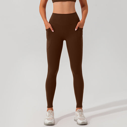 Color-Dark Brown-Autumn Thread High Waist Hip Lift Yoga Pants Pocket Belly Contracting Close Fitting Sports Pants Running Quick Drying Fitness Pants Women-Fancey Boutique