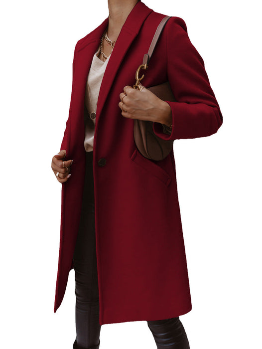 Color-Burgundy-Autumn Winter Solid Color Collared Mid Length Button Woolen Coat Outerwear Women-Fancey Boutique