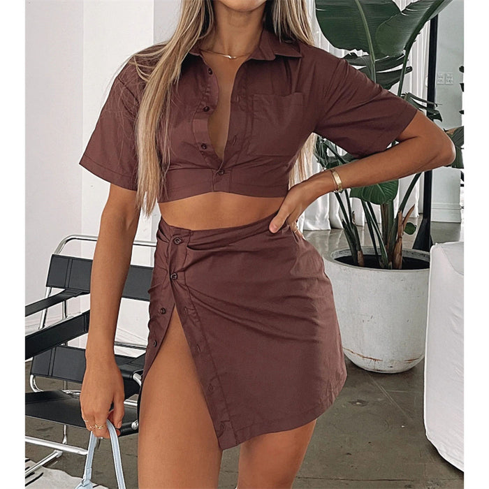 Color-Spring Summer Two Piece Set Sexy Collared High Waist Short Sleeve Shirt Outfit-Fancey Boutique