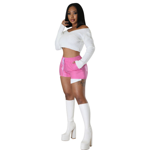 Color-Pink-Women Clothing Elegant Deep Pocket Strap Faux Leather Shorts Women Clothing-Fancey Boutique
