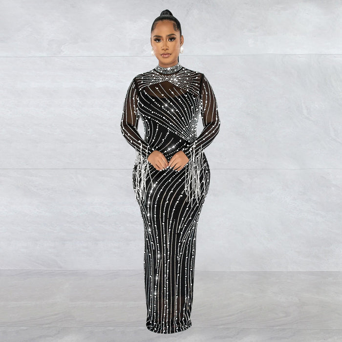 Color-Women Wear Mesh See Through Drilling Long Sleeve Lining Two Piece Set-Fancey Boutique