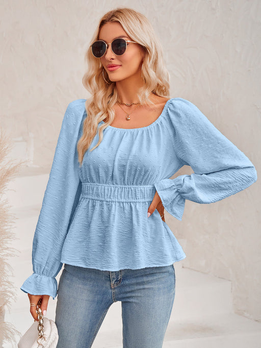 Color-Autumn Winter Casual Women Clothing Round Neck Waist Trimming Solid Color Ruffle Sleeve Top Women-Fancey Boutique