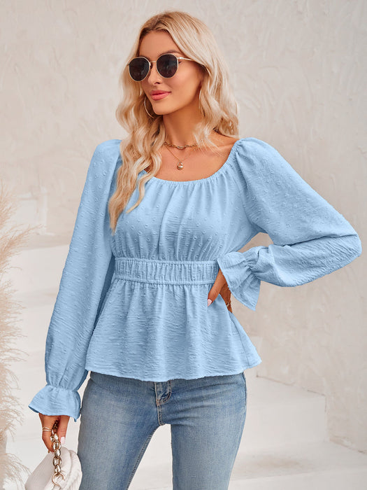 Color-Autumn Winter Casual Women Clothing Round Neck Waist Trimming Solid Color Ruffle Sleeve Top Women-Fancey Boutique