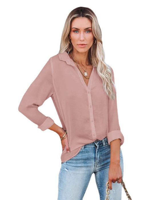 Color-Pink-Women Clothing Autumn Winter Casual Loose Long Sleeve Buckle V neck Shirt Top-Fancey Boutique