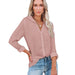 Color-Pink-Women Clothing Autumn Winter Casual Loose Long Sleeve Buckle V neck Shirt Top-Fancey Boutique