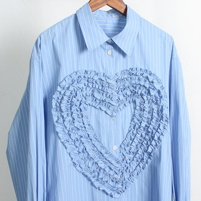 Color-Niche Design Sky Blue Striped Long Love Heart Loose All Match Lazy Oversize Women Shirt-Fancey Boutique