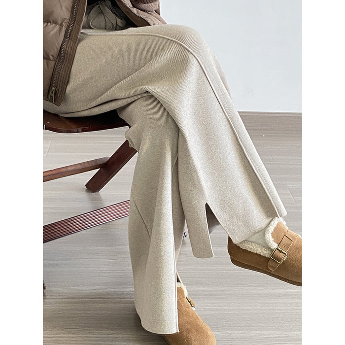 Color-Korean Split High Waist Knitted Casual Pants Women Winter Loose Drawstring Wide Leg Pants-Fancey Boutique