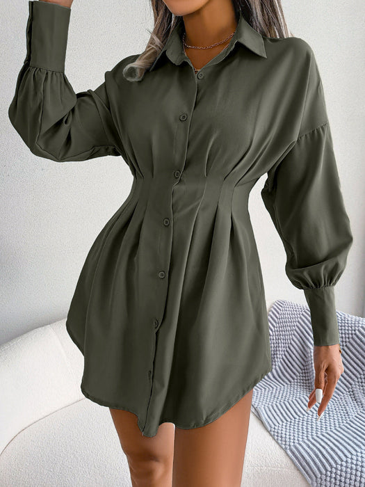 Color-Autumn Winter Casual Lantern Sleeve Waist-Tight Asymmetric Dress Shirt Dress Women Clothing-Fancey Boutique