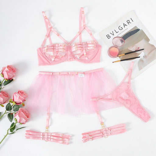 Color-Pink-Lace Mesh Patchwork Strap Corset Sexy Lingerie Set for Women-Fancey Boutique
