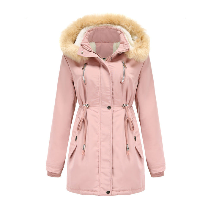 Color-Pink-Autumn Winter Women Clothing Thick Lambskin Cotton-Padded Coat Women Loose Women Cotton Clothes Removable Hat Fleece Padded Coat-Fancey Boutique