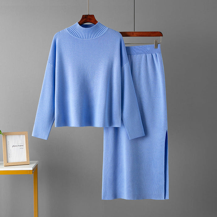 Color-Light Blue-Women Clothing Autumn Casual Loose Long Skirt Two Piece Suit Sweater-Fancey Boutique