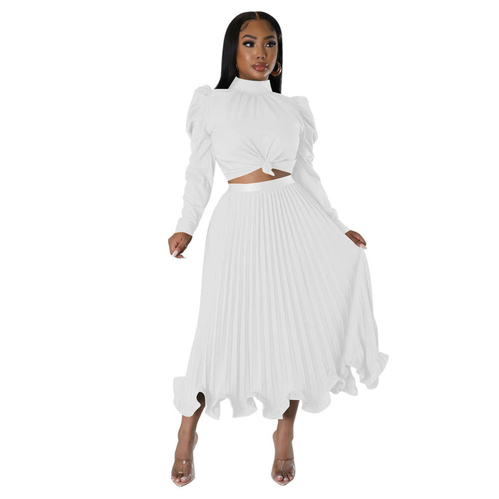 Color-White-Autumn Women Clothing Puff Sleeve Top Ruffled Pleated Skirt Two Piece Set-Fancey Boutique