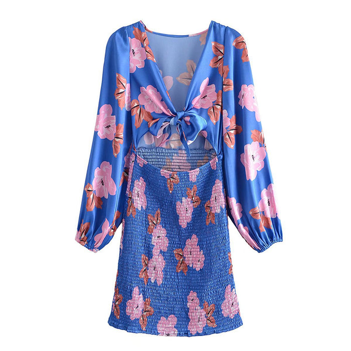 Color-Blue-Spring French Floral Print Lace-up Hollow Out Cutout Long Sleeve Dress Casual-Fancey Boutique