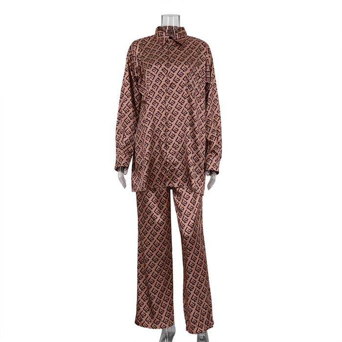 Color-Brown-Casual Satin Draping Collared Long Sleeve Printing Suit Women Spring Autumn Two Piece Suit-Fancey Boutique