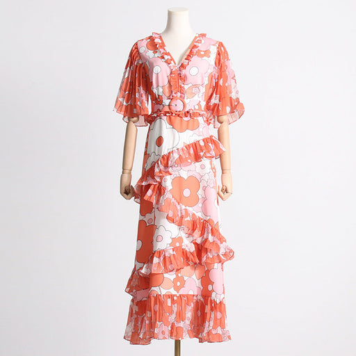 Color-Orange-Vacation Sexy Beach Dress Spring V neck Ruffle Irregular Asymmetric Dress Women-Fancey Boutique