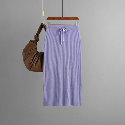 Color-Purple-Women Knitted Skirt Type Hip Skirt Solid Color Ice Silk Mid Length Wool Skirt-Fancey Boutique