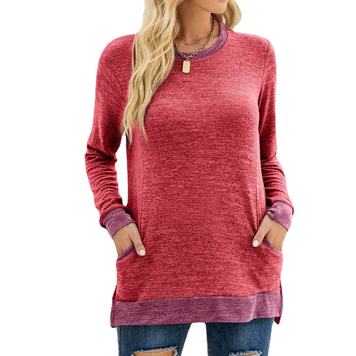 Color-Red-Women Clothing round Neck Multicolor Pocket Long Sleeve Pullover Top Loose-Fitting Casual T-shirt-Fancey Boutique