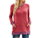 Color-Red-Women Clothing round Neck Multicolor Pocket Long Sleeve Pullover Top Loose-Fitting Casual T-shirt-Fancey Boutique