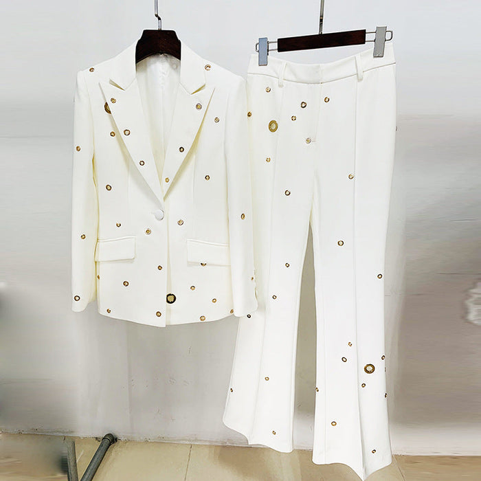 Color-White-Goods Stars Heavy Industry Metal Hole One Button Blazer Trousers Blazer Suit Set Two Pieces-Fancey Boutique