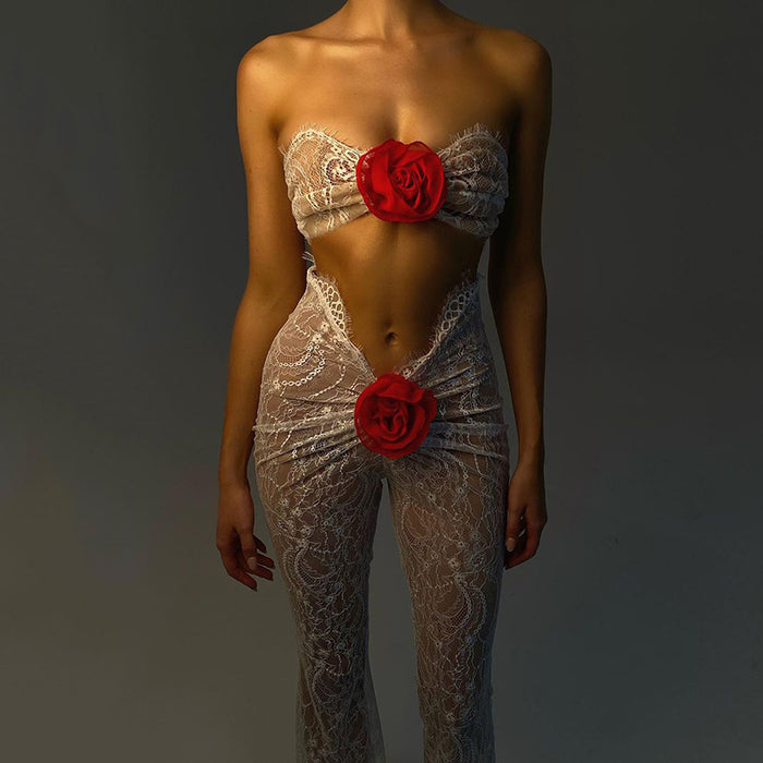 Color-Autumn Lace See through Sexy Temptation Tube Top Jumpsuit Women Sexy Tight Floral Trousers-Fancey Boutique
