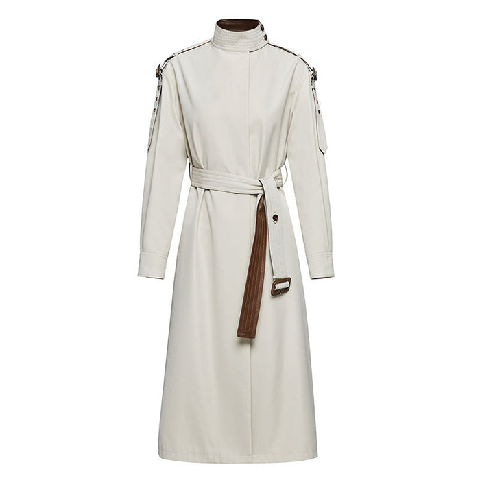 Color-Stone White-Element Autumn Gracekelly Leather Patchwork Two Color Simple Graceful Elegant Lengthened Trench Coat-Fancey Boutique