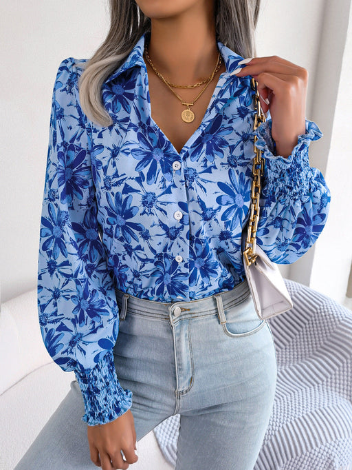 Color-Blue-Spring Summer Casual Lantern Sleeve Contrast Color Floral Collared Shirt Women Clothing-Fancey Boutique