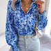 Color-Blue-Spring Summer Casual Lantern Sleeve Contrast Color Floral Collared Shirt Women Clothing-Fancey Boutique