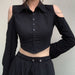 Color-Sexy Women Collared Breasted Cardigan Off The Shoulder Hollow Out Cutout Chain Striped Elegant Long Sleeve Shirt-Fancey Boutique