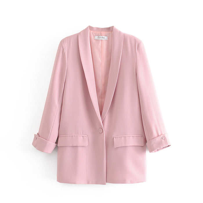 Color-Pink-Women Clothing Early Spring One Button Cuff Curling Loose Blazer Women-Fancey Boutique