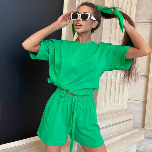 Color-Summer Set Round Neck Short Sleeve T shirt Short Sweatpants Sports Casual Two Piece Set Women Wear With Headscarf-Fancey Boutique