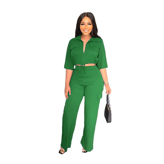 Color-Green-Casual Drawstring Short Top High Waist Work Clothes Straight Leg Pants Office Two Piece Set-Fancey Boutique