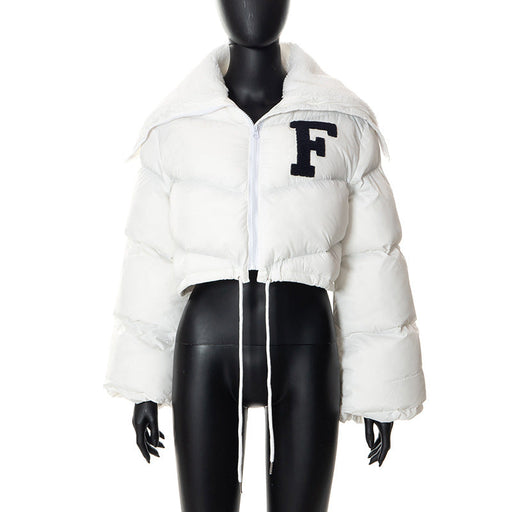 Color-White-Winter Solid Color Letter Graphic Fur Collar Zipper Drawstring Women Clothing Casual Cotton Padded Jacket Top-Fancey Boutique