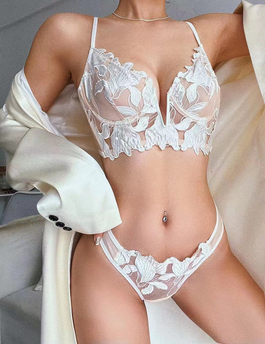 Color-White-French Sexy Lace Untra Thin Underwear Set Breasts Contracting Steel Ring Push up Breast Holding Top Support V Shaped Bra-Fancey Boutique