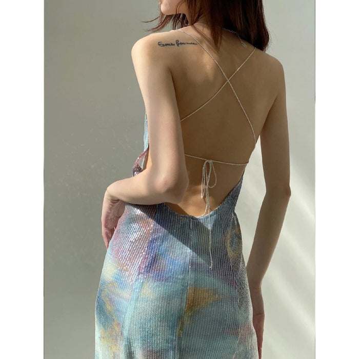 Color-【MOQ-5 packs】 Sexy Vacation Summer Gray Bottom Floral Sequ Full Embroidery Mermaid Backless Slit High Waist Cami Dress-Fancey Boutique