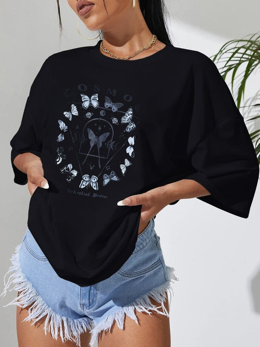 Color-Casual Black T Shirt Simple Round Neck Short Sleeve Women Top Loose Butterfly Print-Fancey Boutique