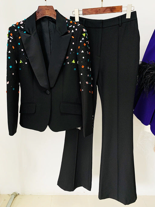 Color-Black-Goods Heavy Industry Beaded Colored Diamond Slim Fit Blazer Skinny Pants Suit Two Pieces-Fancey Boutique
