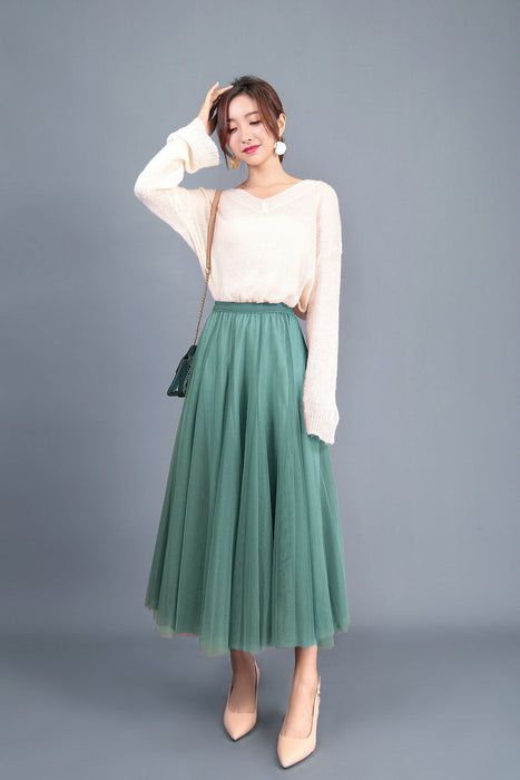 Color-Lake Green-Spring Swing Puffy Ankle Length Skirt High Waist Slim Fit Fairy Skirt Tulle Skirt A Line Skirt-Fancey Boutique