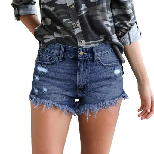 Color-Navy Blue-Supply Ripped Tassel Denim Shorts Women-Fancey Boutique