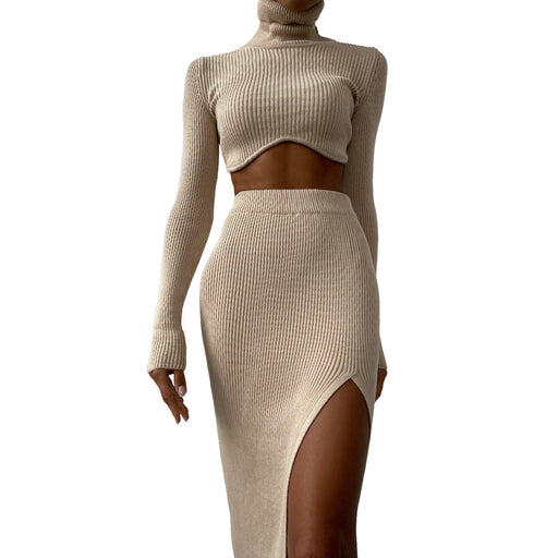 Color-Apricot-Women Clothing Autumn Winter Thread Turtleneck Irregular Asymmetric Skirt Slit Slim-Fancey Boutique