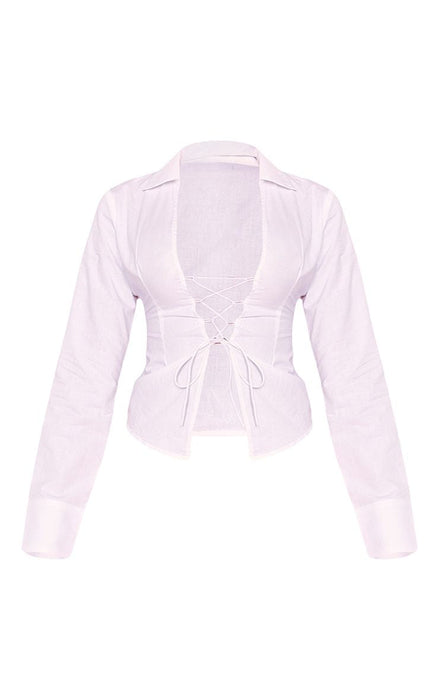 Color-White-Sexy Solid Color Women Lace Up Placket Cropped Shirt Women-Fancey Boutique