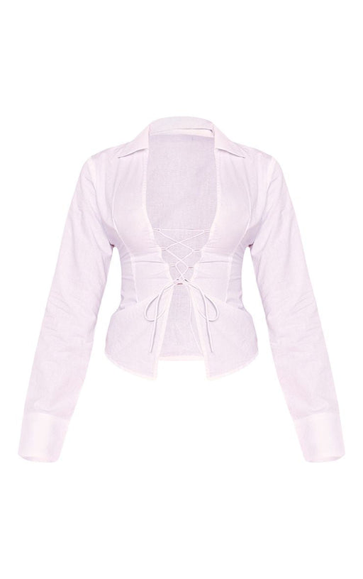 Color-White-Sexy Solid Color Women Lace Up Placket Cropped Shirt Women-Fancey Boutique