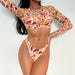 Color-Yellow-Bikini Swimsuit Three-Piece Set Sexy Printed Long Sleeve Two-Piece Swimsuit Women Lace-up Take-out Bikini-Fancey Boutique